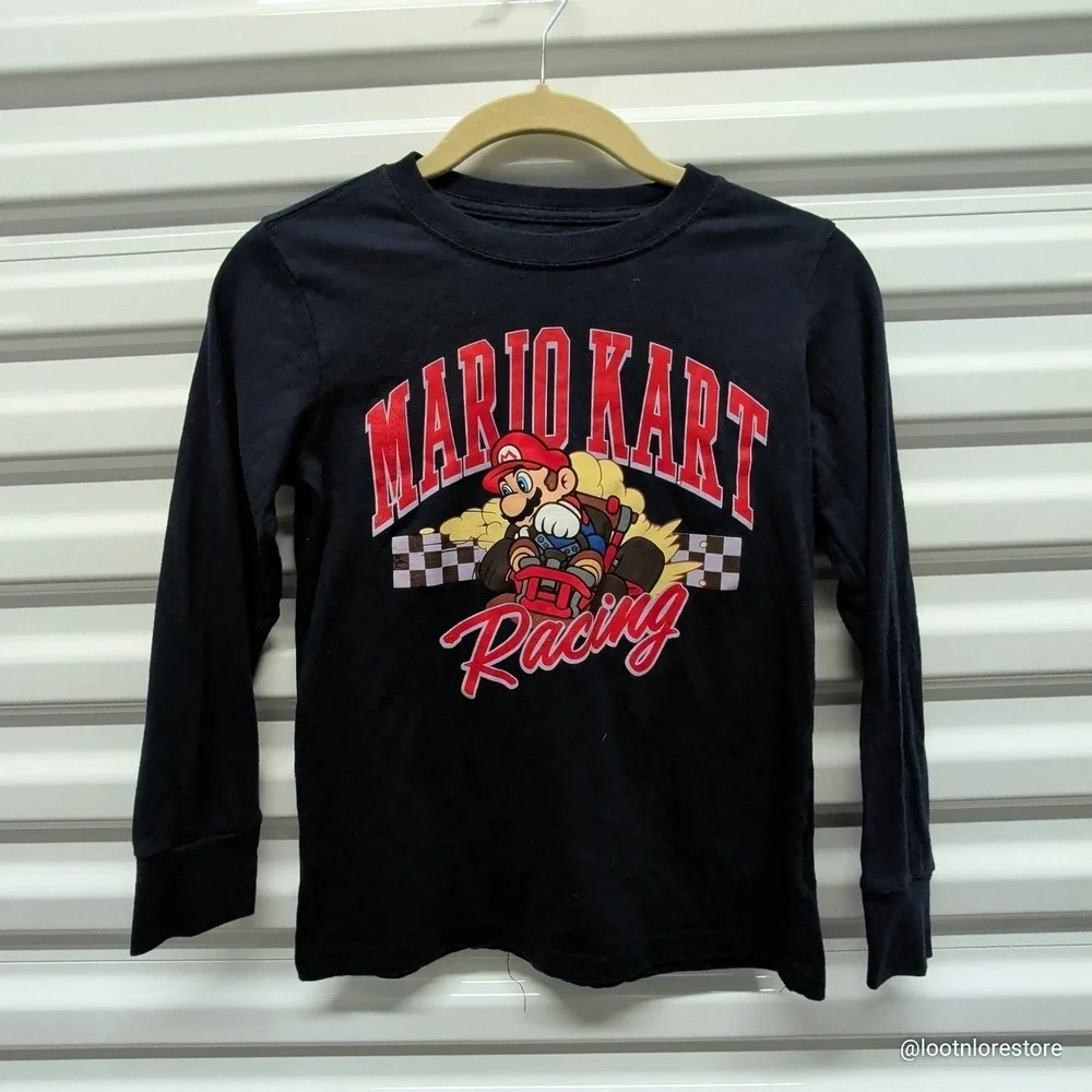 Nintendo Mario Kart Racing Shirt Size 8 Kids Navy‎ Blue Long Sleeve Graphic Tee